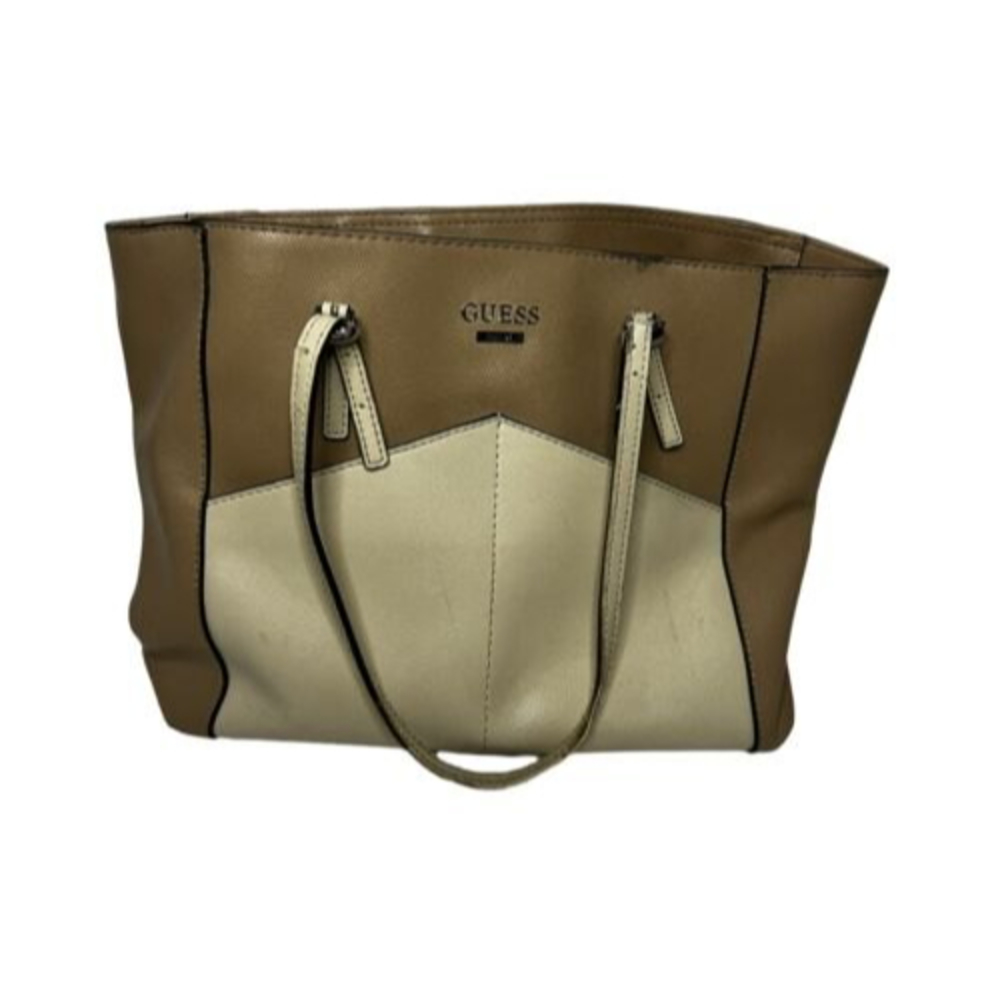 GUESS-Beige/White Handbag With Handle Straps.